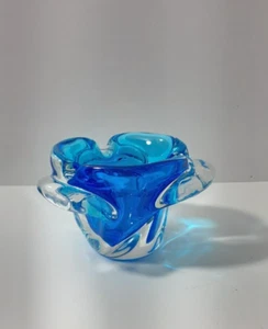 Vintage Retro Art Glass Ashtray Bowl Clear Sommerso Blue Twisted Wave Design - Picture 1 of 7