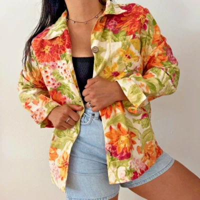 vtg 90s bright floral cotton jacket coat bold yellow orange Medium grandmacore - Image 1 of 4