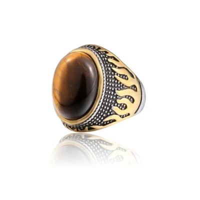 Mens Stainless Steel Gold Natural Oval Tiger Eye Stone Ring Men Size 7-13 - Image 1 of 4
