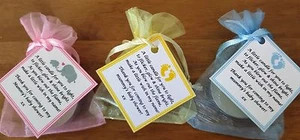 BABY SHOWER CANDLE FAVOURS THANK YOU - BLUE PINK YELLOW ELEPHANT STORK BABY FEET - Picture 1 of 15