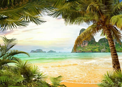 5x3ft Tropical Paradise Palm Trees Summer Beach Vinyl Backdrop Photo Background - Image 1 of 4