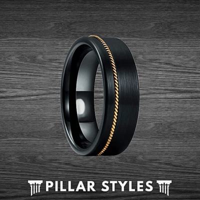 Anillo de cuerda de guitarra de 8 mm para hombre alianza de boda anillo de tungsteno anillo de guitarra negro para él Foto 1 de 4