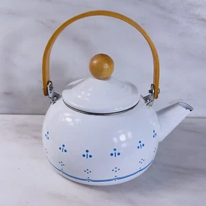 Vintage Enamelware Teapot Blue & White Wooden Handle Cottage Core Boho Kettle - Picture 1 of 13