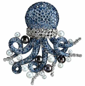 Fanciful Octopus Brooch With White CZ, Pearls & Pave-Set 22.41CT Sapphire Brooch - Picture 1 of 7