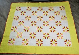 Vintage antike handgenähte Quilt Blumen Applikation gesteppt 85"" x 71"" rot & gelb - Bild 1 von 6