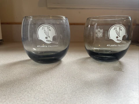 Pair of Vintage Atlanta Falcons Football NFL Bar Glasses 1970's Roly Poly smokey Cover
