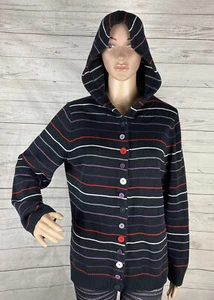 Christopher & Banks Hooded Sweater Large Black Red Purple Gray Striped Buttons - Picture 1 of 12