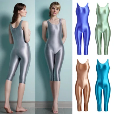 Damen Glitzer Satin Overalls Einteiler Ärmellos Jumpsuits Fitness Yoga Bodysuits - Bild 1 von 4