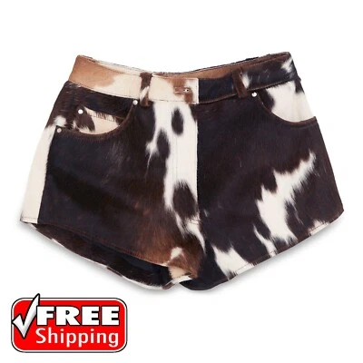 Pantalones Cortos de Cuero Natural Hechos a Mano para Mujer Pantalones Cortos de Cuero de Vaca Genuino Pelo en Pantalones Cortos Foto 1 de 4