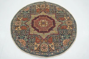 4 x 4 ft Green Mamluk Turkish Hand Knotted Medallion Round Rug - Picture 1 of 13