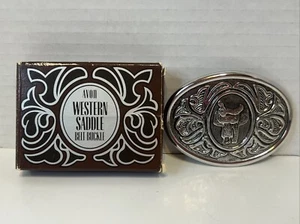 VINTAGE Avon Horse Western Saddle Belt Buckle 1980 New In Box Chrome/Silver USA - Picture 1 of 7