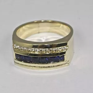 Men's Wedding Band 2.25Ct Princess Natural Sapphire & Diamond 10K Yellow Gold - Picture 1 of 8