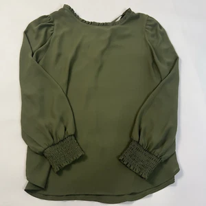 LOFT Olive Green Blouse MP Petite Tie Neck Ruffle Cuff Boho Tunic Career Top - Picture 1 of 5
