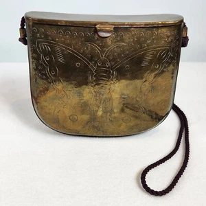 Vintage 1970s Brass Lidded Etched Purse w Butterfly Design Handmade BOHO CHIC - Picture 1 of 10
