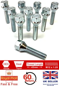 10 bulloni cerchi in lega esagonali M12 x 1,25 45mm filettatura estesa 19mm per Fiat - Foto 1 di 6