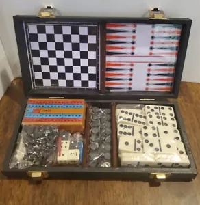 Vintage Mini Travel Game Set In Case Dominoes Checkers Cribbage Chess Backgammon - Picture 1 of 24
