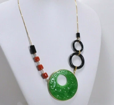 Halskette Aus Gelbgold 18Kt Mit Grüner Jade, Rotem Koralle Und Onyx OGLN 0118 - Bild 1 von 3