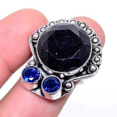 Blue Sunstone, Sapphire Gemstone Simulated Silver Plated Jewelry Ring s.8 T274 - Image 1 of 4