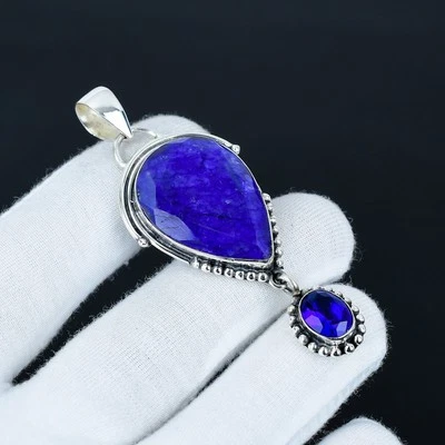 Zaffiro Blu Creato IN Laboratorio Gemma 925 Argento Sterling Antico Ciondolo Per - Immagine 1 di 4