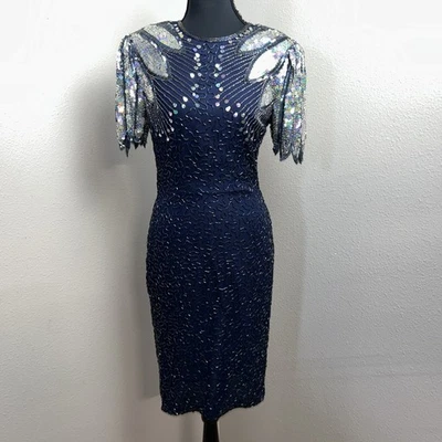 Vintage Scala Beaded Sequin Silk Dress Women's Small Blue Holiday Festive Party - Image 1 of 4