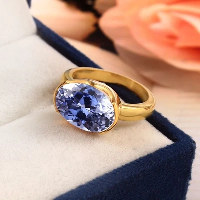 14x10MM Ovale Blu Pastello Zaffiro Gemma Anello Placcato Oro Fascia Donna Gioie - Immagine 1 di 4