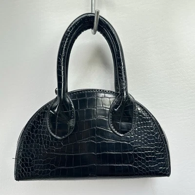 Mini Satchel Handbag Black Faux Croc Embossed Leather Double Handles Bag Zip - Image 1 of 4