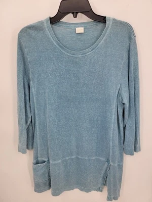 Top de poesía para mujer 12 azul cáñamo algodón manga 3/4 bolsillo abertura dobladillo pulóver Foto 1 de 4