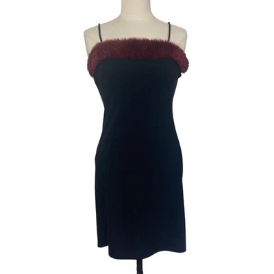 Vintage 90s Y2K Misope Black Mini Dress Burgundy Faux Fur Trim Medium USA Made - Image 1 of 4