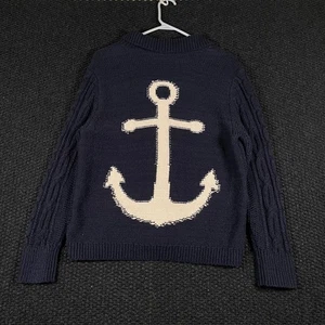 Anthropologie Navy Anchor Cable Knit Cardigan Sweater Women's Large Button Front - Picture 1 of 9