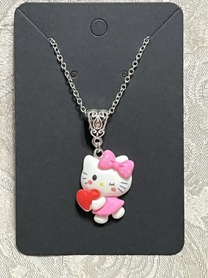 Sanrio Hello Kitty Pink Bow Heart Hello Kitty Resin Pendant Silver Necklace - Image 1 of 2