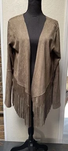 FORNIA BROWN Faux Suede Fringe Waterfall OPEN CARDIGAN DUSTER Size S/M - Picture 1 of 7