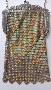 Art Deco Whiting & Davis Enamel Mesh Purse Metal Purse Orange white Green Enamel - Picture 1 of 16