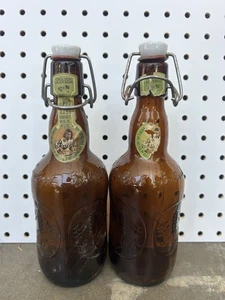 2x Vintage Grolsch Amber Brown Art Glass Beer Bottles with Swing Top Stopper Lid - Picture 1 of 10