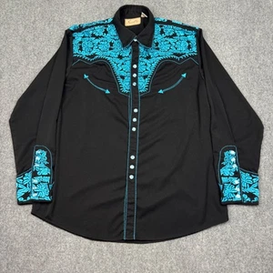 Scully Western Pearl Snap Shirt Men XL Black Blue Floral Embroider Rodeo Cowboy - Picture 1 of 13