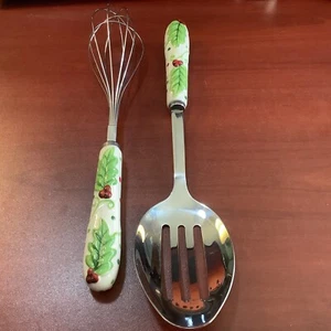 Temp-tations by Tara~”Winter Whimsy”Holly~Ceramic~Slotted Serving Spoon & Whisk - Picture 1 of 5