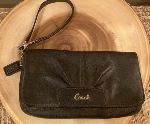 COACH ASHLEY NERO PLISSETTATO PELLE PATTA LG PORTAFOGLIO DA POLSO PORTA CARTE