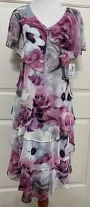 NWT Ignite Evenings size 8 grey pink floral short sleeve ruffle tiered dress - Foto 1 di 10