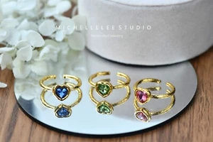 Vintage Style Crystal Heart Ring, Pink Green and Blue Crystal Heart Ring - Picture 1 of 7