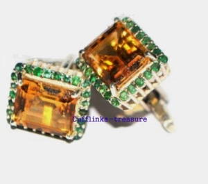 Natural Citrine & Tsavorite Gemstones 925 Sterling Silver Cufflinks For Men's #8 - Picture 1 of 4