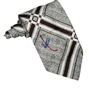 Vintage 70s Mens Equestrian Wide Textured Necktie Striped Plaid Brown White - Picture 1 of 3