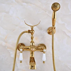 Luxus Gold Messing Wandhalterung Klauenfuß Badewanne Wasserhahn mit Handbrause Mischbatterie - Bild 1 von 10