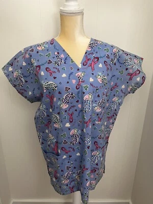 MHD Scrubs Uniform Top PINK RIBBON CURE CANCER Size Medium 10/12 Healing Hands - Image 1 of 4