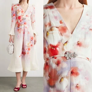 NWOT Zimmermann Crush Frill Sleeved Linen Midi Dress Scarlet Floral AU 4 US XL - Picture 1 of 17
