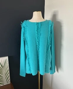 209 wst 38 Turquoise 100% Cashmere Knit Fringe Pullover Sweater Women’s Sz L - Picture 1 of 8