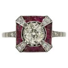 Art Deco Style Lab Created Diamond & Ruby Engagement 14k White Gold Finish Ring