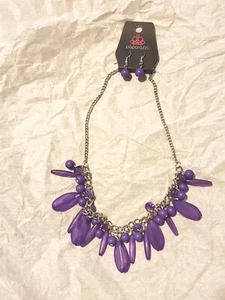 New Necklace w/matching earrings,purple teardrop&round beads on silver chain - Picture 1 of 2