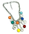 Silver Tone Rolo Chain Multi Color Charm Bib Necklace