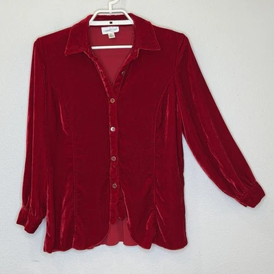 Coldwater Creek Velvet Top Womens Size Large Petite Red Button Front Long Sleeve - Image 1 of 4