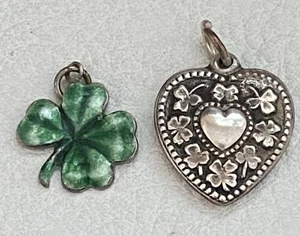 Antique Sterling Silver Repousse Puffy Heart Charm Walter Lampl Shamrock Clover - Picture 1 of 5
