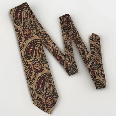Винтажный мужской галстук Lands End из шелка пейсли 57 дюймов ручной работы желтовато-коричневый темно-красный сделано в США - Изображение 1 из 4